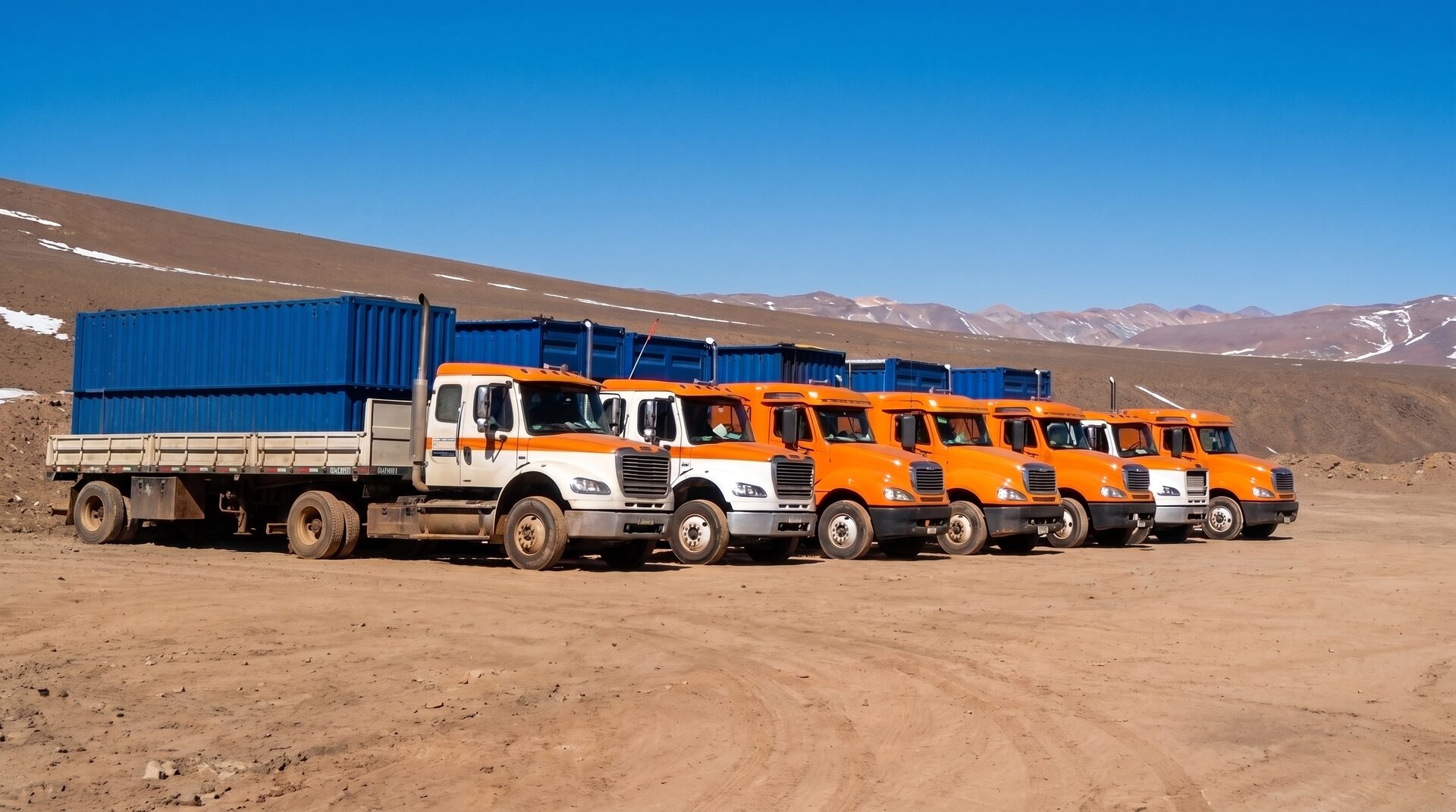 Flota de camiones transportando contenedores a faena